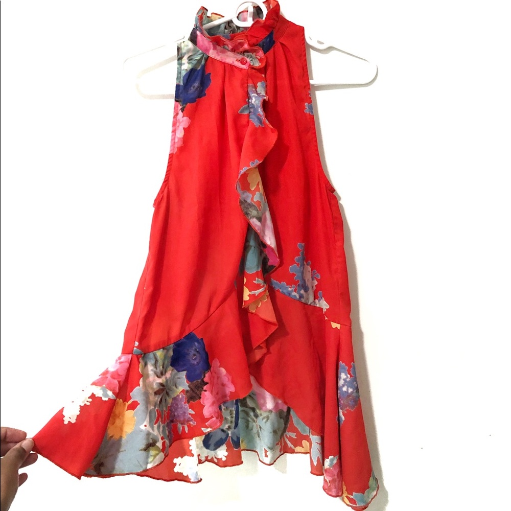 Red Orange Multicolored Floral Ruffle Blouse